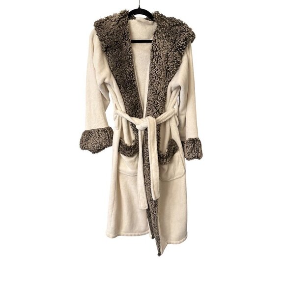 Pottery Barn Faux Fur Trim Hooded Bathrobe - Picture 1 of 6